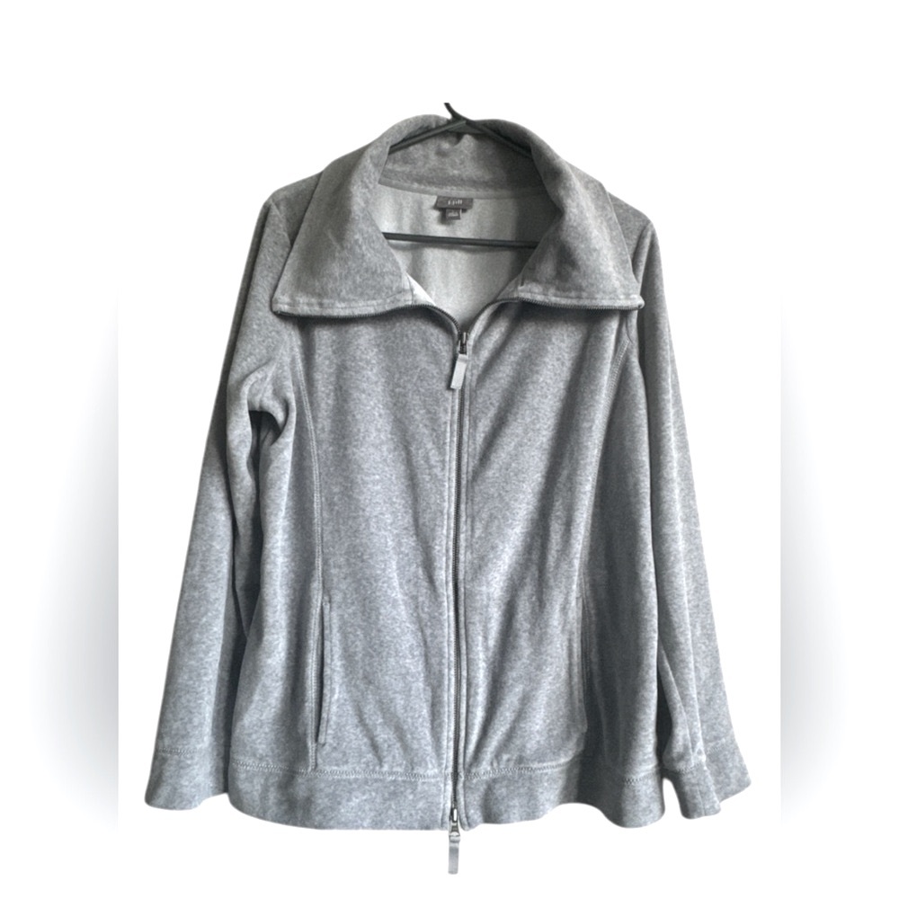 J.Jill Women’s Velour Grey Full Zip Long Sleeve Sweater Sz L
